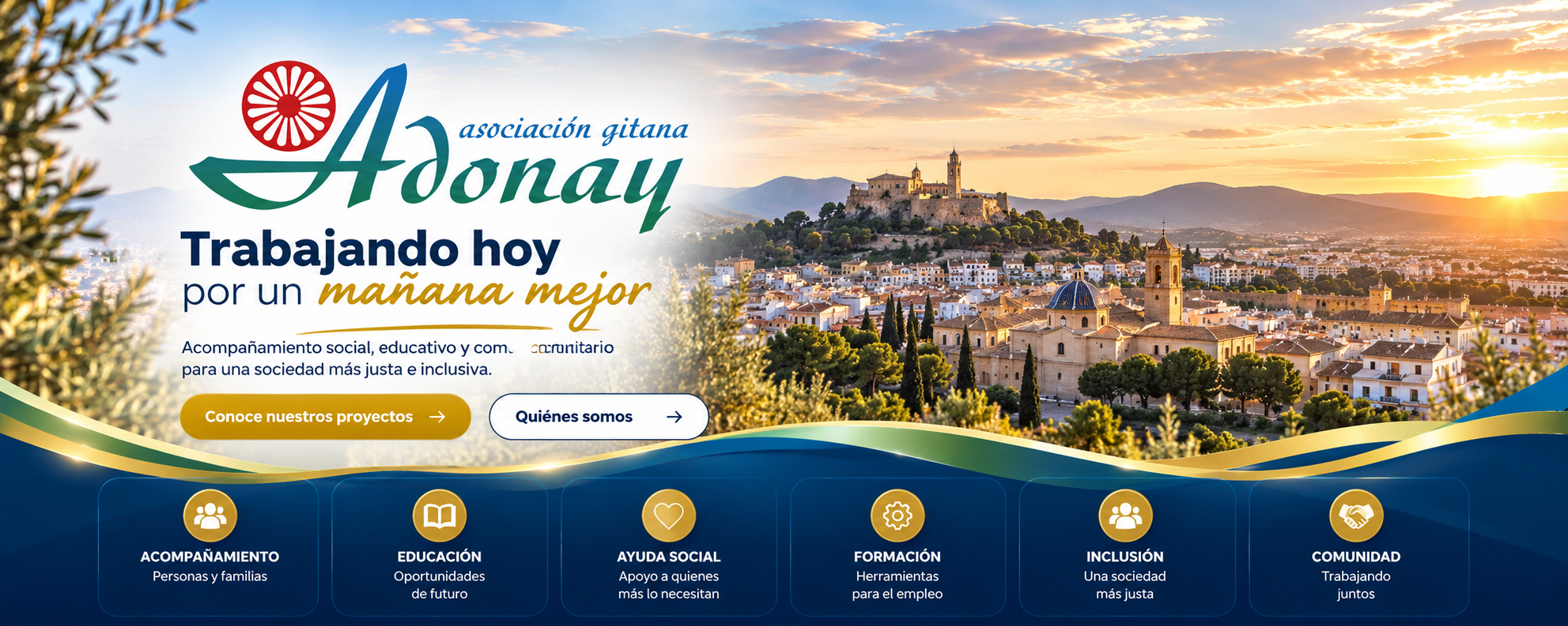 Asociación Gitana ADONAY: paisaje inspirado en Llíria al atardecer, con nuestros valores de acompañamiento, educación, ayuda social, formación, inclusión y comunidad.